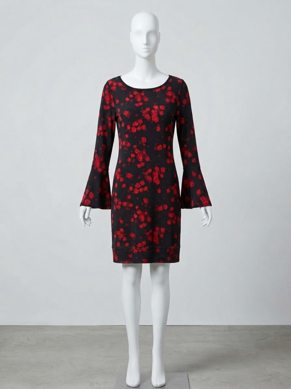 MICHAEL Michael Kors Black Mini Dress with Red Floral Print and Bell Sleeves